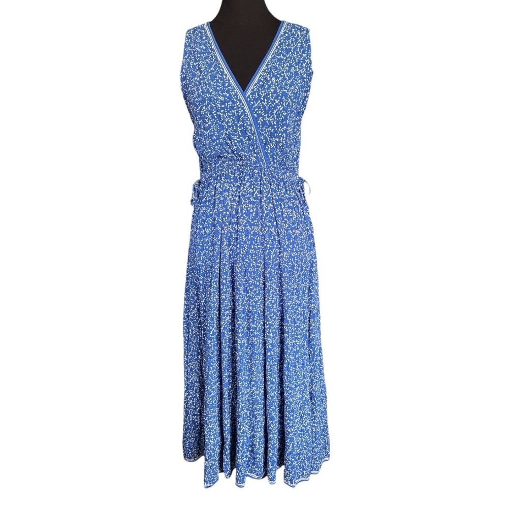 Max Studio Blue & Yellow Rayon Surplice V-Neck Ruffle Hem Midi Dress, Medium